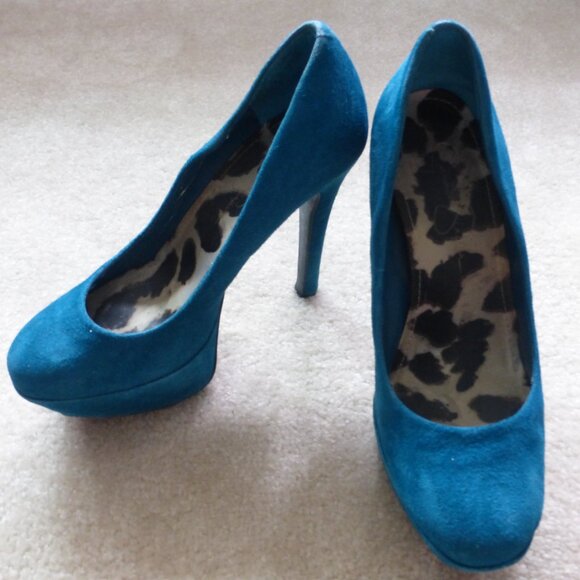 JESSICA SIMPSON dark teal faux suede platform pumps - Picture 1 of 14